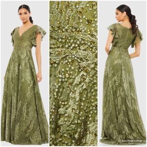 MAC DUGGAL 20310 Womens Green Embroidered Flutter Sleeve V-Neck Gown Dress